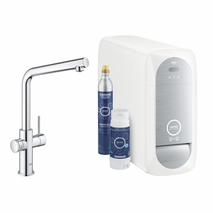 Baterie bucatarie Grohe Blue Home cu pipa tip L si kit Starter crom lucios